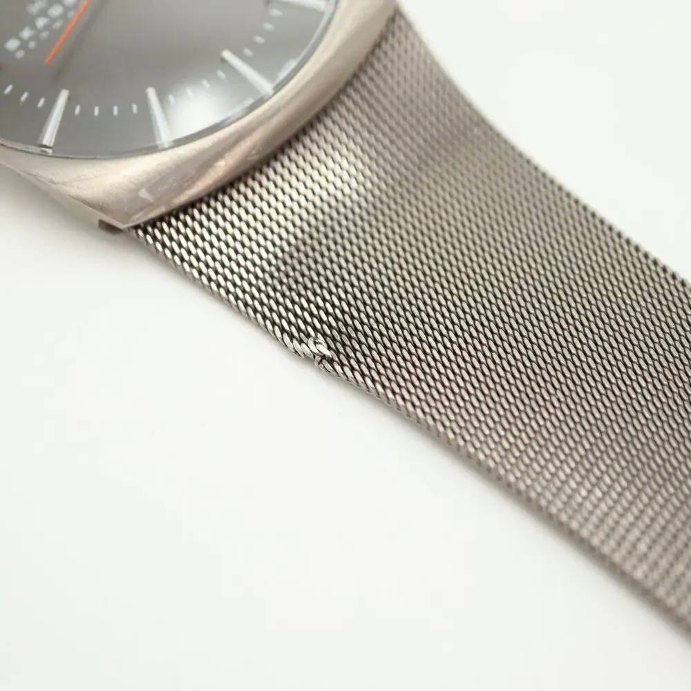 Skagen Denmark Mens 40mm Titanium Day Date Watch Mesh Bracelet w New Battery